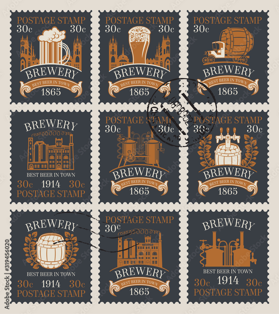Set of old postage stamps on the theme of beer and brewery. Philatelic collection of stamps with postmarks. Vector illustration in retro style
