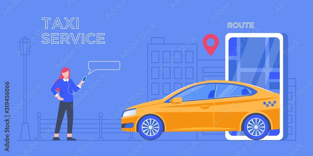 Naklejka premium Car sharing service app advertising web banner. Smartphone screen with city map navigation, taxi car and location pin. Smart city transportation. Online order taxi service. For landing, poster, flyer