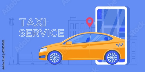 Car sharing service app advertising web banner. Smartphone screen with city map navigation, taxi car and location pin. Smart city transportation. Online order taxi service. For landing, poster, flyer