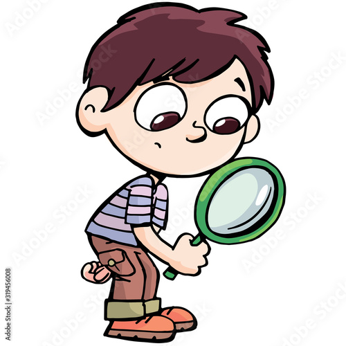 boy explorer looks through the magnifier with suspicion and interrogates