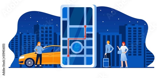 Car sharing service app advertising web banner. Smartphone screen with city map navigation, yellow taxi car and location pin. Tourist with a suitcase getting in a taxi. Airport transfer