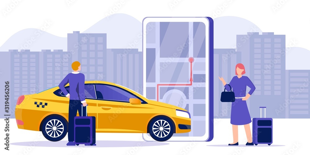 Naklejka premium Car sharing service app advertising web banner. Smartphone screen with city map navigation, yellow taxi car and location pin. Tourist with a suitcase getting in a taxi. Airport transfer