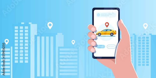 Car sharing service app advertising web banner. Smartphone screen with city map navigation, taxi car and location pin. Smart city transportation. Online order taxi service. For landing, poster, flyer