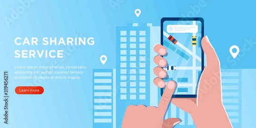 Car sharing service app advertising web banner. Smartphone screen with city map navigation, taxi car and location pin. Smart city transportation. Online order taxi service. For landing, poster, flyer
