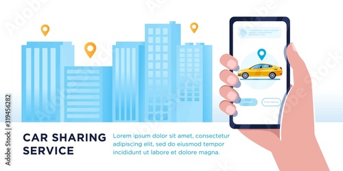 Car sharing service app advertising web banner. Smartphone screen with city map navigation, taxi car and location pin. Smart city transportation. Online order taxi service. For landing, poster, flyer