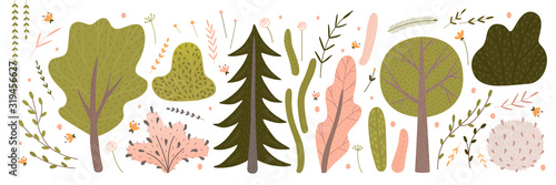 Decorative abstract plants and flowers. minimalism, vector graphics. tree, bush, branch, grass, flowers, spruce.