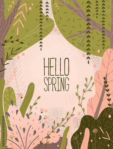 Decorative abstract plants and flowers. minimalism, vector graphics. tree, bush, branch, grass, flowers, spruce.