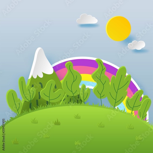 3D landspace concept design. Colorful hand crafted art. Paper cut style. Vector illustration EPS10. 