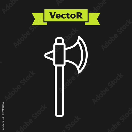 White line Medieval axe icon isolated on black background. Battle axe, executioner axe. Vector Illustration