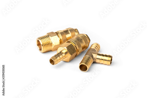 Steel pneumatic quick coupler isolated on white background.