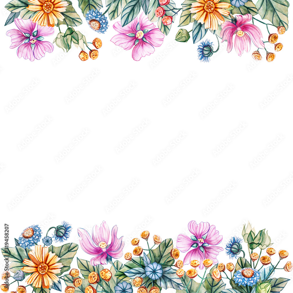 Floral square frame of watercolor wildflowers.