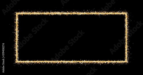Golden frame. An empty rectangle emits shiny particles of glitter on a black background. Element for celebratory composition. Looping 3D animation