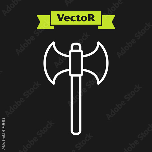 White line Medieval axe icon isolated on black background. Battle axe, executioner axe. Vector Illustration