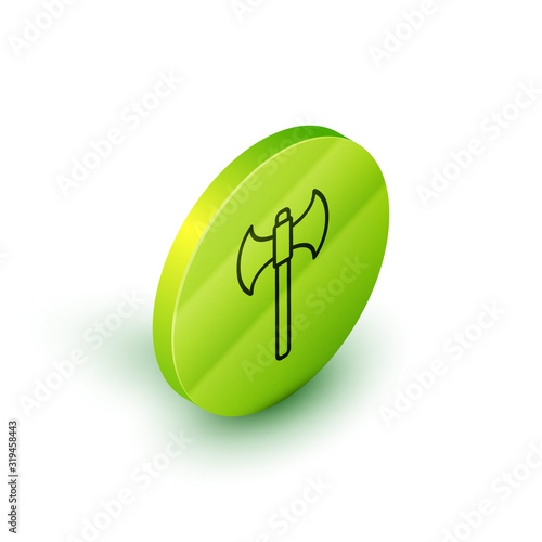 Isometric line Medieval axe icon isolated on white background. Battle axe, executioner axe. Green circle button. Vector Illustration