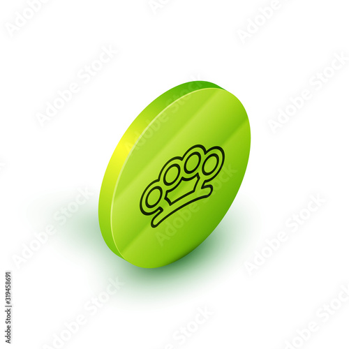 Isometric line Brass knuckles icon isolated on white background. Green circle button. Vector Illustration