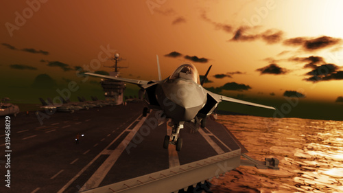 American stealth jet take-off from aircraft carrier at dawn 3d render