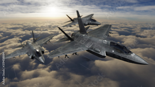 F-35 fighter jets flying together over clouds in vic formation 3d render