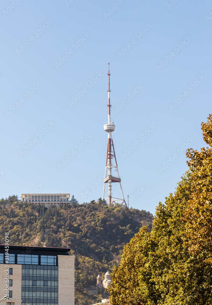 Obraz premium TV tower stands on a high hill in Tbilisi city in Georgia