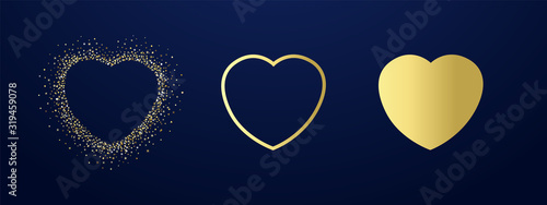 Collection of golden hearts illustration with dust glitter. Glorious decorative love sign shiny design on dark background for happy valentines day. Vector illustration