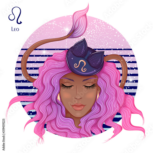 Zodiac. Vector illustration of the astrological sign of Leo as a beautiful fashion african american girl in hat. Sign inscribed in a round shape isolated on white background. Fashion woman