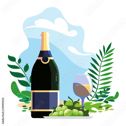 bottle and glass of wine with grapes