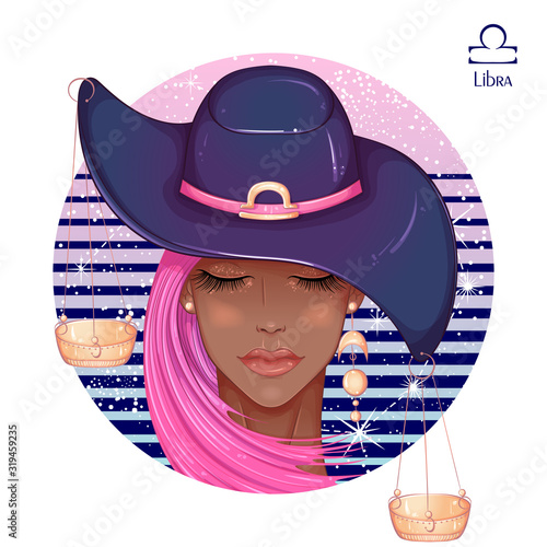Zodiac. Vector illustration of the astrological sign of Libra as a beautiful fashion african american girl in hat. Sign inscribed in a round shape isolated on white background. Fashion woman