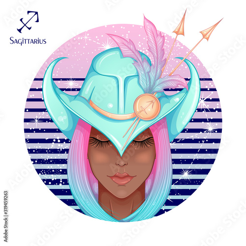 Zodiac. Vector illustration of the astrological sign of Sagittarius as a beautiful fashion african american girl in hat. Sign inscribed in a round shape isolated on white background. Fashion woman