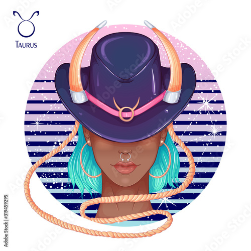 Zodiac. Vector illustration of the astrological sign of Taurus as a beautiful fashion african american girl in hat. Sign inscribed in a round shape isolated on white background. Fashion woman