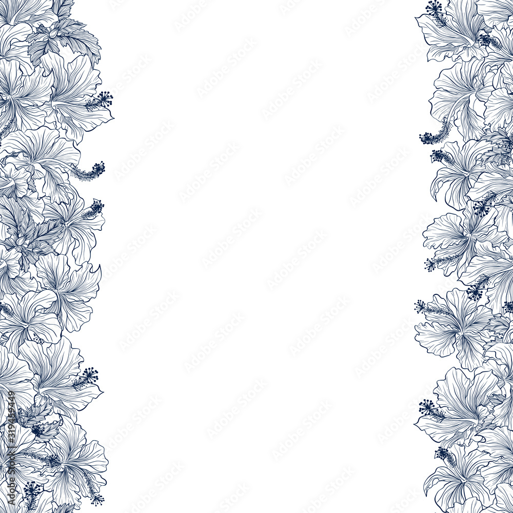 Vector seamless border frame with hibiscus for design template. Decor for invitations, greeting cards, certificate, thank you message. Floral seamless pattern isolated on white background Vector seamless border frame with hibiscus for design template. Decor for invitations, greeting cards, certificate, thank you message. Floral seamless pattern isolated on white background