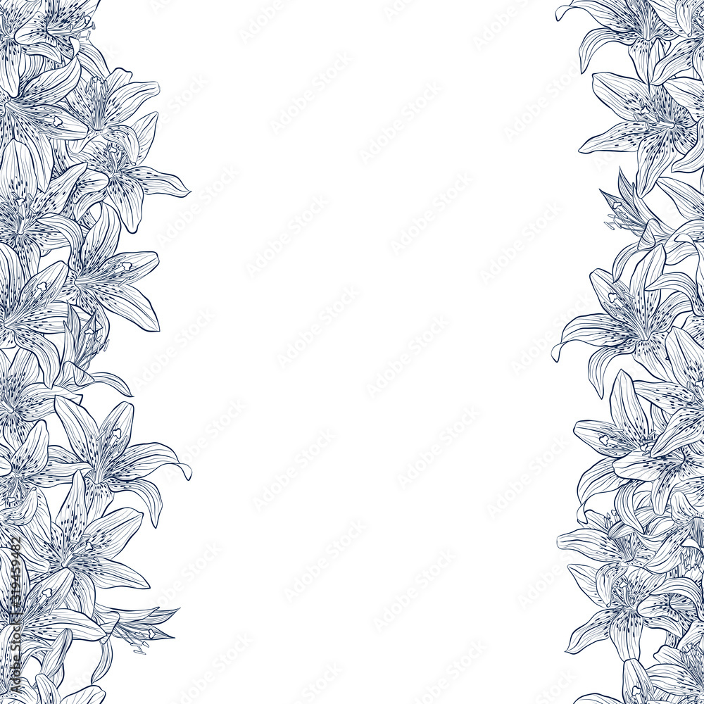 Fototapeta premium Vector seamless border frame with lilies for design template. Decor for invitations, greeting cards, certificate, thank you message. Floral seamless pattern isolated on white background