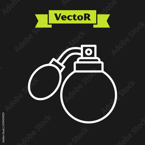 White line Aftershave bottle with atomizer icon isolated on black background. Cologne spray icon. Male perfume bottle. Vector Illustration