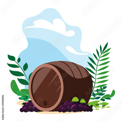 grapes branches and wine barrel on background landscape