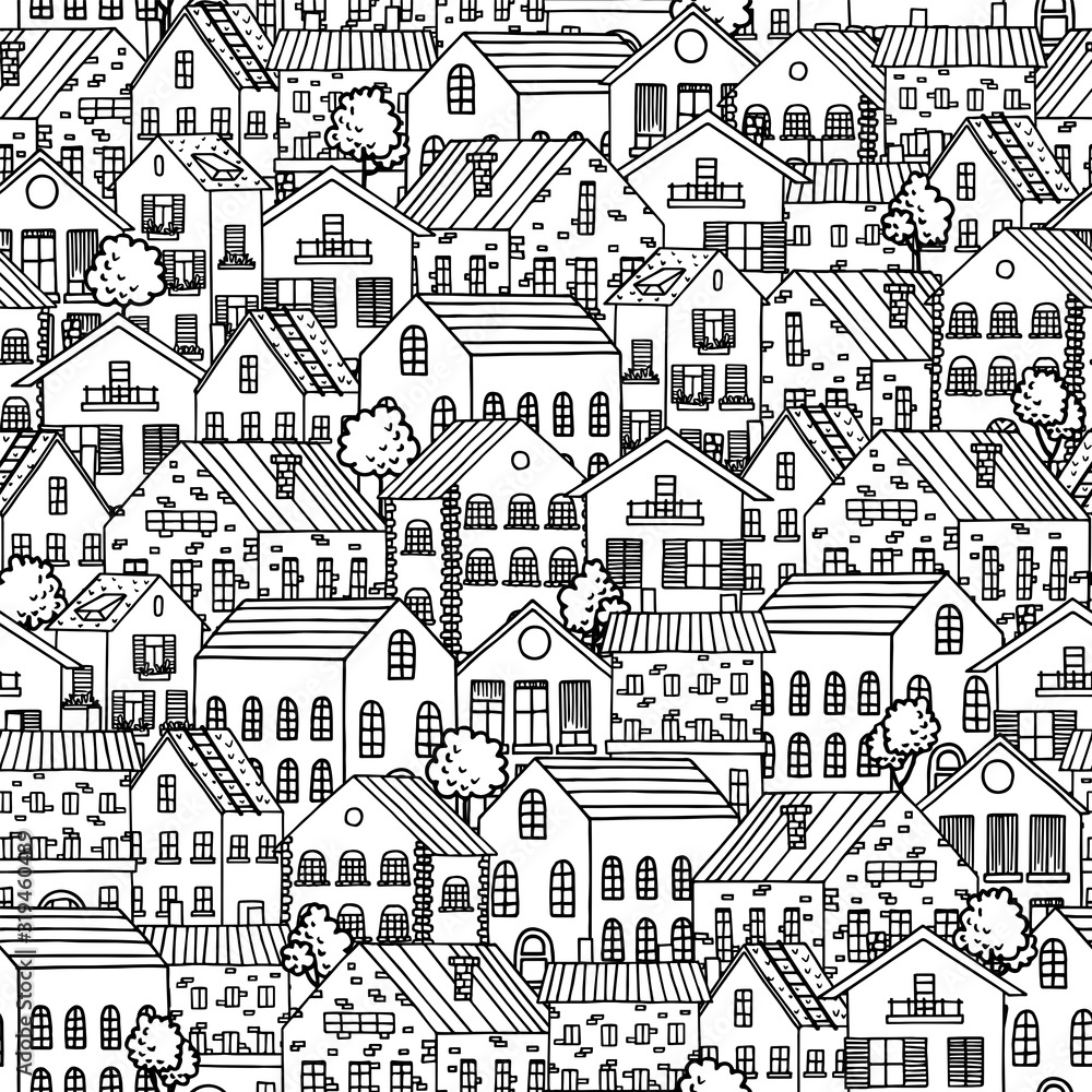 Seamless pattern with city houses. Black and white seamless background with cute city houses and trees. Vector illustration.