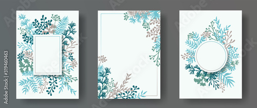 Wild herb twigs, tree branches, flowers floral invitation cards collection. H...