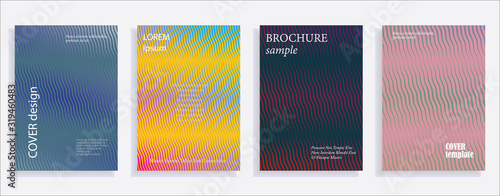 Minimalistic cover design templates. Set of layouts for covers of books, albums, notebooks, reports, magazines. Line halftone gradient effect, flat modern abstract design. Geometric mock-up texture