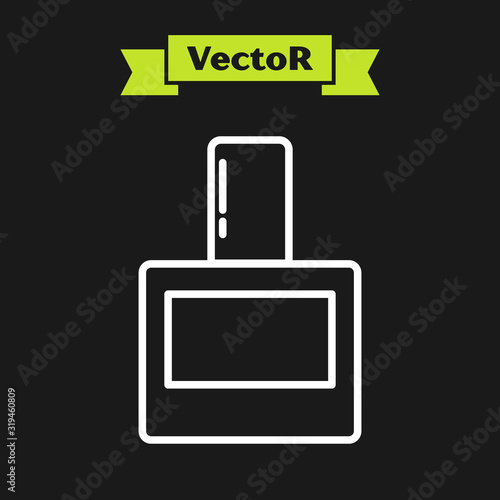 White line Aftershave icon isolated on black background. Cologne spray icon. Male perfume bottle. Vector Illustration