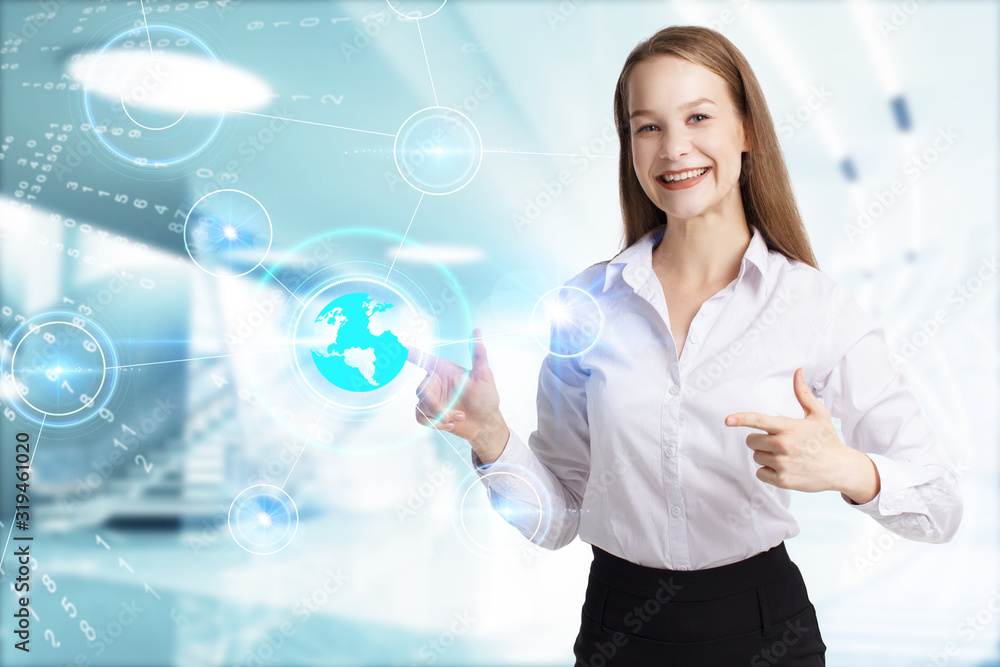 Business, Technology, Internet and network concept. Young businessman working on a virtual screen of the future and sees the inscription: Business, Technology, Internet and network concept. Young businessman working on a virtual screen of the future and sees the inscription: