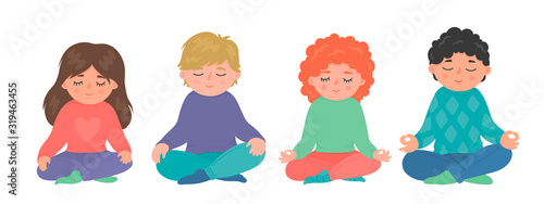 Children meditation set. Group of little girls and boys sitting in lotus pose and meditating. Cute yoga, mindfulness, relax vector illustration isolated on white background.