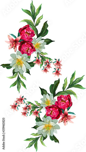 floral illustration - bouquet with bright pink vivid flowers, green leaves, for wedding stationary, greetings, wallpapers, fashion, backgrounds, textures, DIY, wrappers, cards.