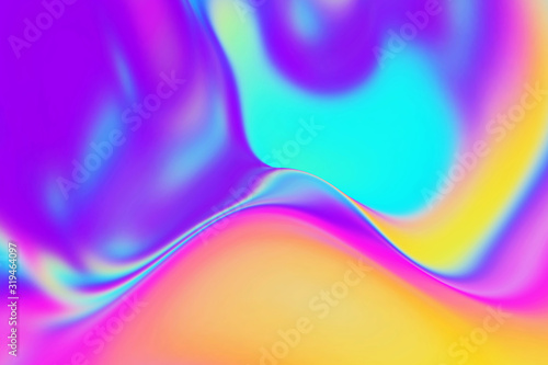 Abstract holographic rainbow color background. Real hologram iridescent surface. Vibrant wallpaper of smooth liquid flows. Bright gradient fashionable holo fluid. photo