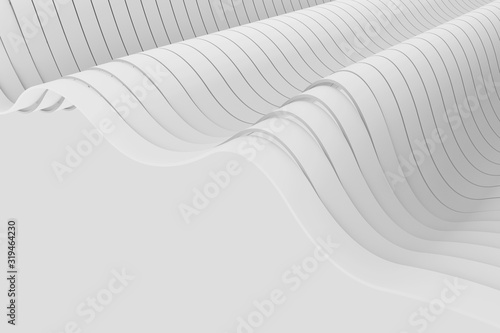 White wavy bands abstract background. Minimalist waves surface with smooth volume stripes. 3d rendering of flowing curved ribbons. Digital graphics with long shapes. Parallel strips with light shades.