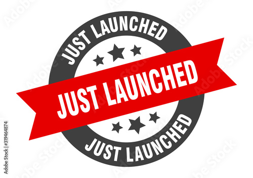 just launched sign. just launched round ribbon sticker. just launched tag