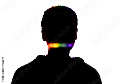 Smile. Dramatic portrait of a girl in the dark on white studio background with rainbow colored line. Hidden things, human rights, equality, LGBT people's pride concept. Art elegance, creative.