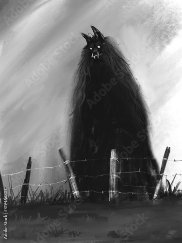 Fotografie Digital drawing of a furry creature with fangs standing at a farmers fence line