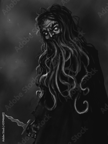 Bild auf Leinwand digital drawing of a horrible tentacle man with a curved dagger threatening the