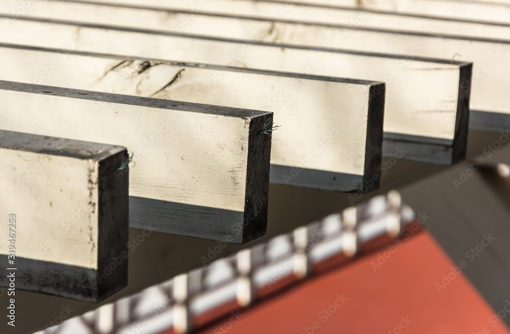 Fototapeta premium Wooden skeleton of a summer building under construction.
