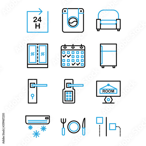 Hotel icon set include hotel, service, life time, support, laundry, dress washing, washing machine, armchair, sofa, furniture, seat, wardrobe, storage, clothes, booking, calendar