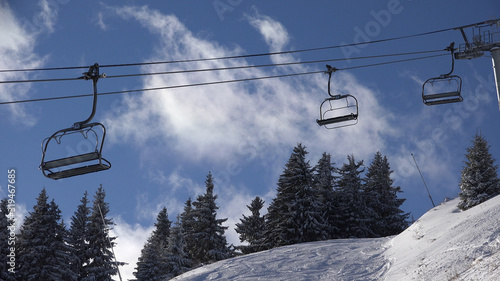 Chairlift, Ski Lift in Mountains, Alps, Alpine Cable Car, Winter Sports, People Tourists Skiing, Winter Snowing Landscape, Ski Resort