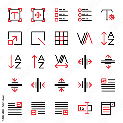 Editing text icon set include setting,scale,task,grid,fine,box,kerning,adjust,alphabet,sort,tracking,type,format,layout,image,form,input,form builder,drop down