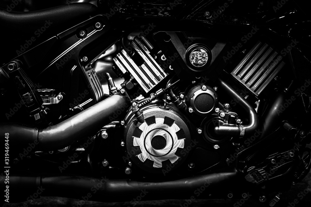 Fototapeta Motorcycle engine block closeup chopper bike vintage tone industrial arts and design.